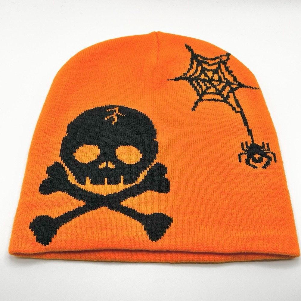 Halloween Skull Skeleton Spider Web Beanie Hat Cap Orange Outdoors Winter Casual